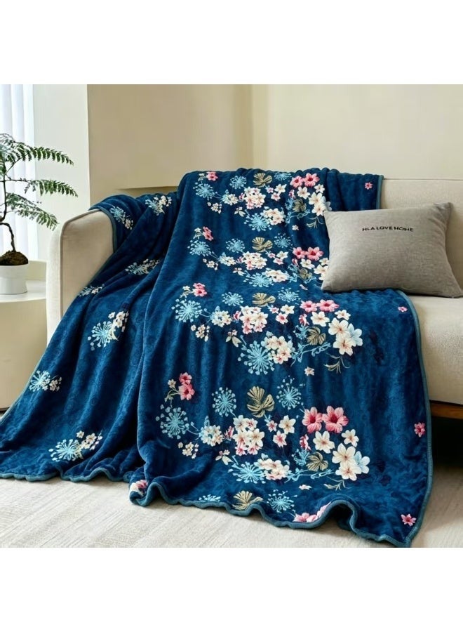 Dark Blue floral Pattern Blanket, Naps Blankets，Comfortable and breathable. Size: 160x220cm. Suitable for living room, sofa, bedroom, and home décor. - Image 1