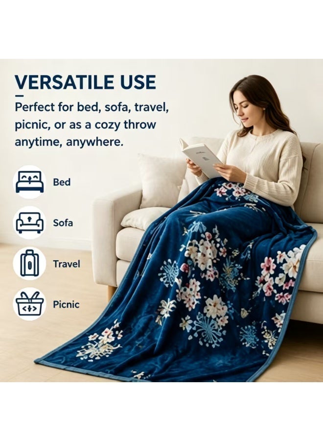 Dark Blue floral Pattern Blanket, Naps Blankets，Comfortable and breathable. Size: 160x220cm. Suitable for living room, sofa, bedroom, and home décor. - Image 3