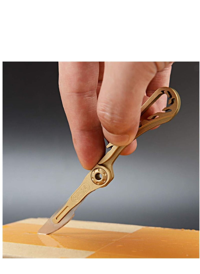 KASTWAVE - Mini Brass Pocket Knife EDC Utility Knife with 10 Extra Replaceable Blades, Portable Sharp Folding Knife with Back Clip - Image 1