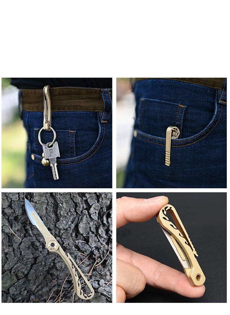 KASTWAVE - Mini Brass Pocket Knife EDC Utility Knife with 10 Extra Replaceable Blades, Portable Sharp Folding Knife with Back Clip - Image 1