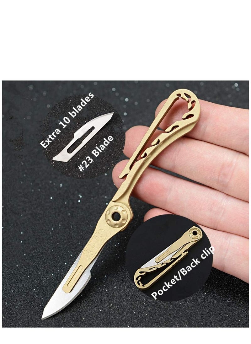 KASTWAVE - Mini Brass Pocket Knife EDC Utility Knife with 10 Extra Replaceable Blades, Portable Sharp Folding Knife with Back Clip - Image 1