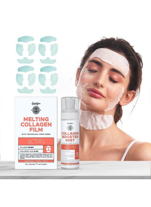 Melting Collagen Film Sheet Mask + Collagen Booster Mist Combo | Korean Skincare Self-Dissolving Face Patch | Reduces Wrinkles, Finelines & Scars | With 4 Sachets + 1 Booster Mist