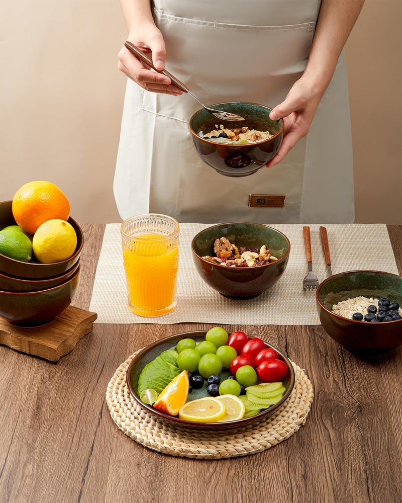 Pokini Stoneware Cereal Bowls Set of 6 22 Oz Soup Bowls Set for Cereal Soup Snacks Modern Kitchen Bowls for Meal Dishwasher  Microwave SafeBrown and Green - Image 3