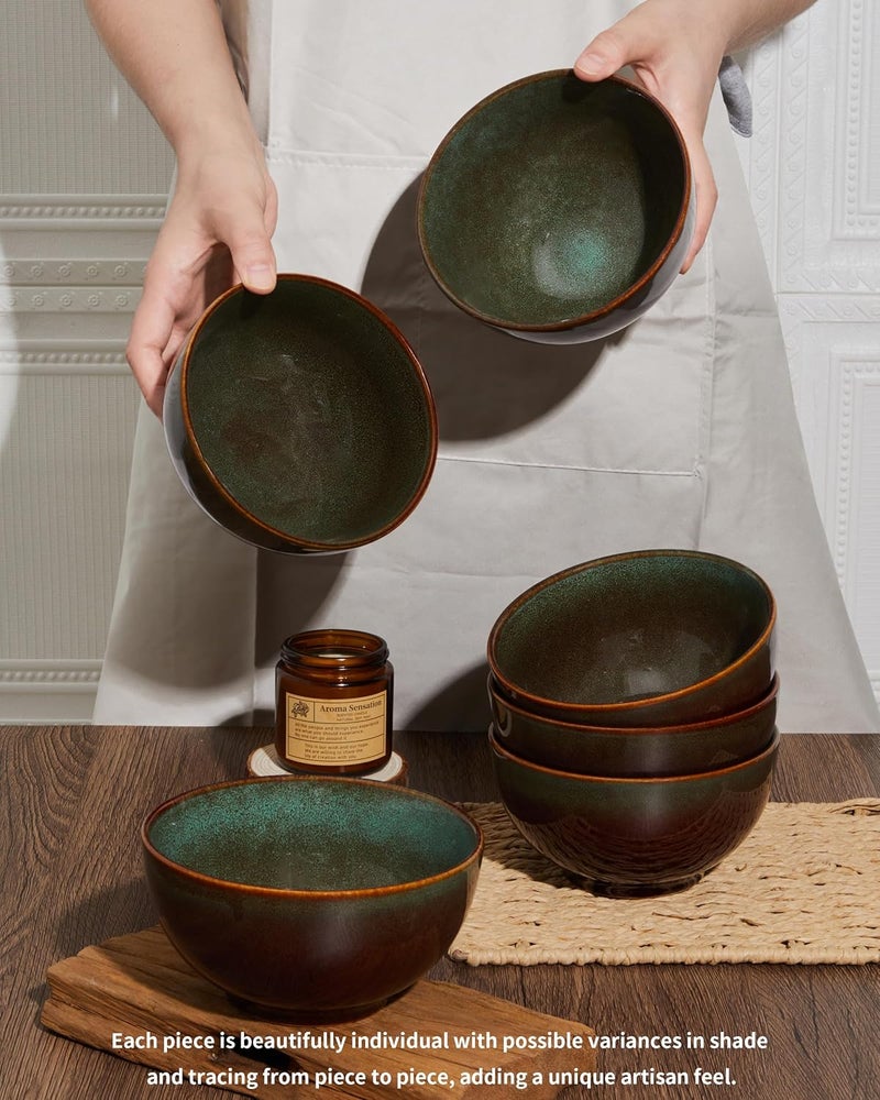 Pokini Stoneware Cereal Bowls Set of 6 22 Oz Soup Bowls Set for Cereal Soup Snacks Modern Kitchen Bowls for Meal Dishwasher  Microwave SafeBrown and Green - Image 4
