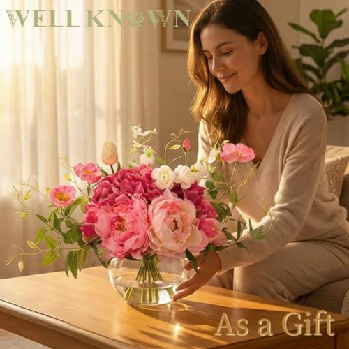 WELL KNOWN Artificial Flowers in Vase, WELL KNOWN Silk Hydrangea Bouquet and Peonies Artificial Flowers Table Centerpieces with Faux Water for Home Decor Fake Tulips Flower Arrangements for Table Decor (Fuchsia) - Image 5