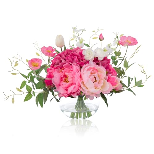 WELL KNOWN Artificial Flowers in Vase, WELL KNOWN Silk Hydrangea Bouquet and Peonies Artificial Flowers Table Centerpieces with Faux Water for Home Decor Fake Tulips Flower Arrangements for Table Decor (Fuchsia) - Image 1