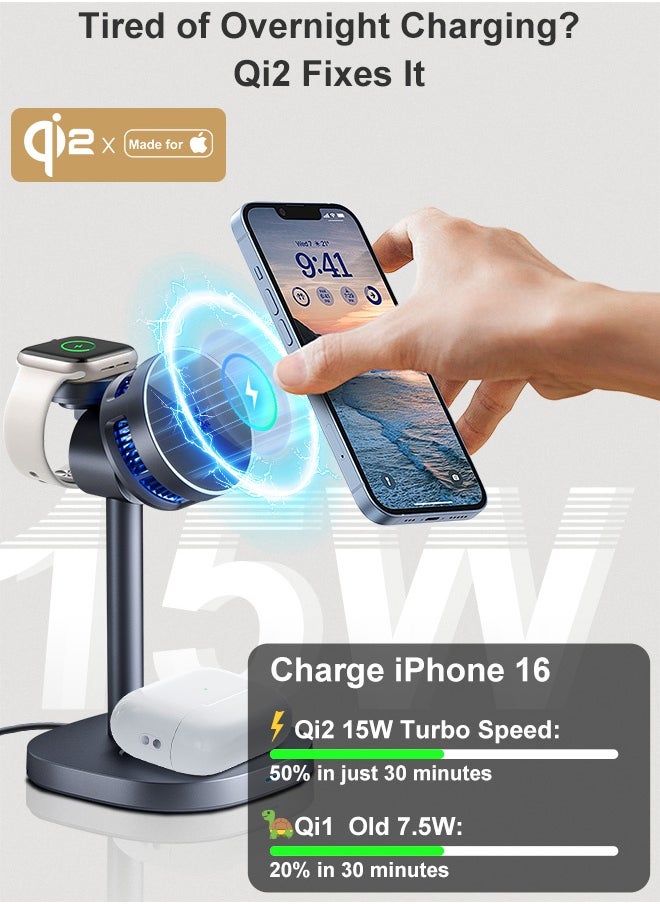 Qi2 3-in-1 Magnetic Wireless Charging Station for iPhone 16/15/14/13/12, AirPods, Apple Watch – 15W Max Fast Charging Pad with Advanced TEC Cooling, 360° Adjustable Stand, Multi-Device Charger, MFM&Qi2 Certified, 6-Layer Safety Protection