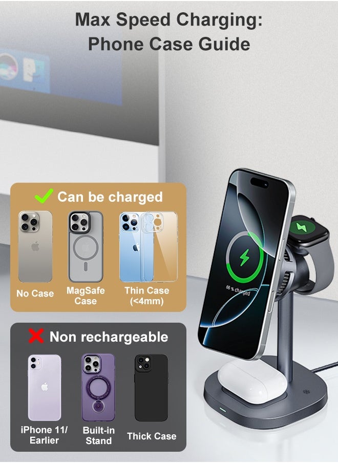 Qi2 3-in-1 Magnetic Wireless Charging Station for iPhone 16/15/14/13/12, AirPods, Apple Watch – 15W Max Fast Charging Pad with Advanced TEC Cooling, 360° Adjustable Stand, Multi-Device Charger, MFM&Qi2 Certified, 6-Layer Safety Protection