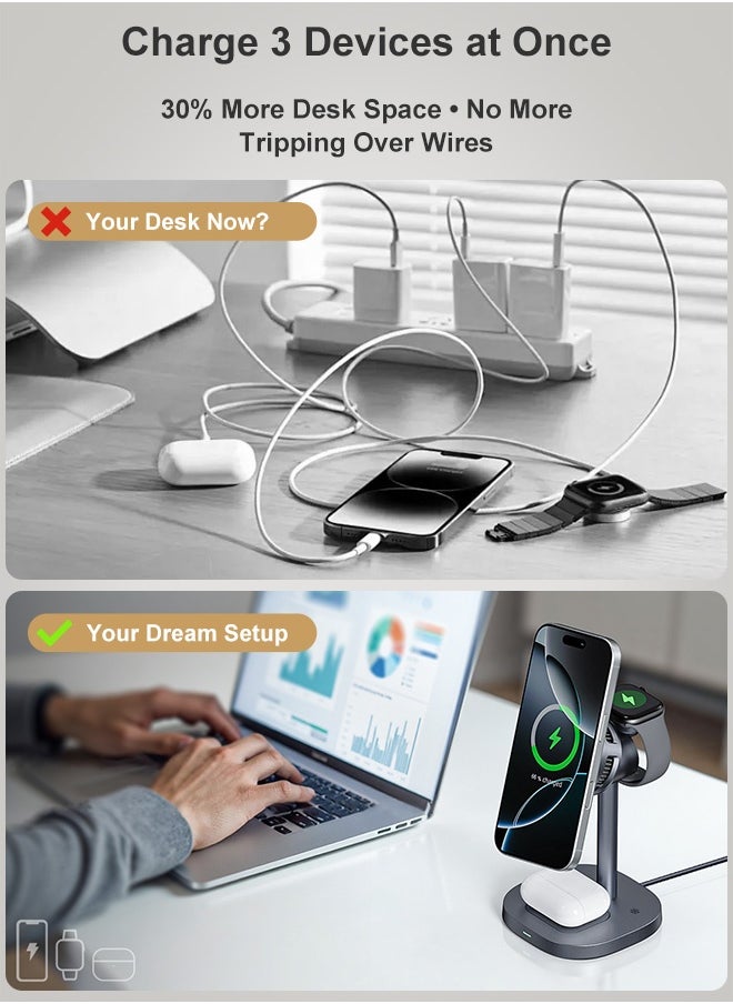 Qi2 3-in-1 Magnetic Wireless Charging Station for iPhone 16/15/14/13/12, AirPods, Apple Watch – 15W Max Fast Charging Pad with Advanced TEC Cooling, 360° Adjustable Stand, Multi-Device Charger, MFM&Qi2 Certified, 6-Layer Safety Protection