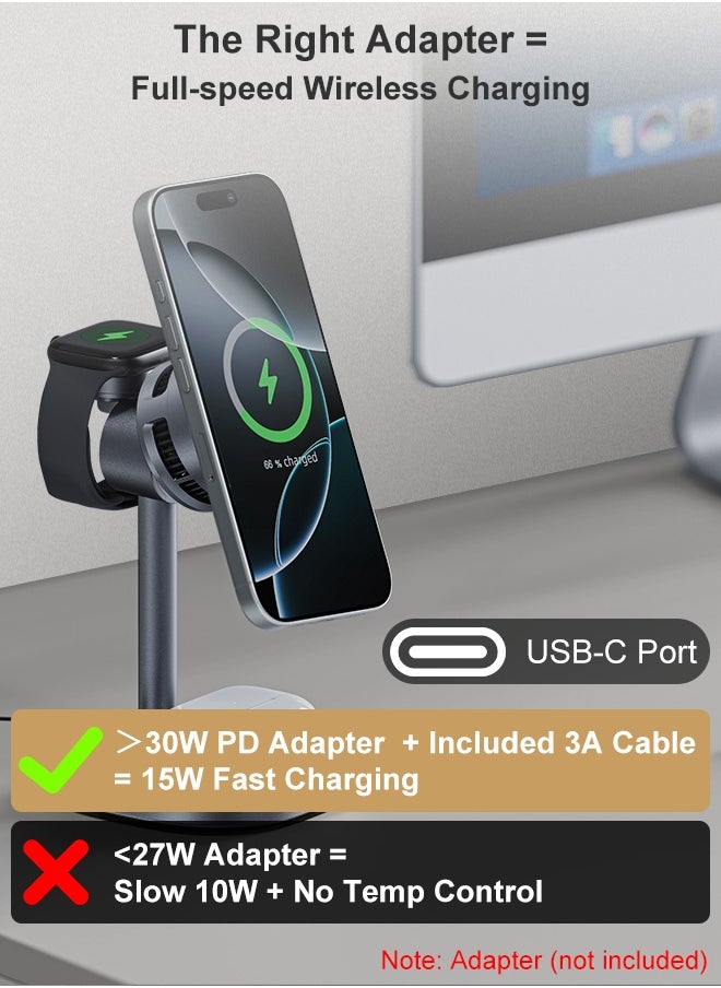 Qi2 3-in-1 Magnetic Wireless Charging Station for iPhone 16/15/14/13/12, AirPods, Apple Watch – 15W Max Fast Charging Pad with Advanced TEC Cooling, 360° Adjustable Stand, Multi-Device Charger, MFM&Qi2 Certified, 6-Layer Safety Protection