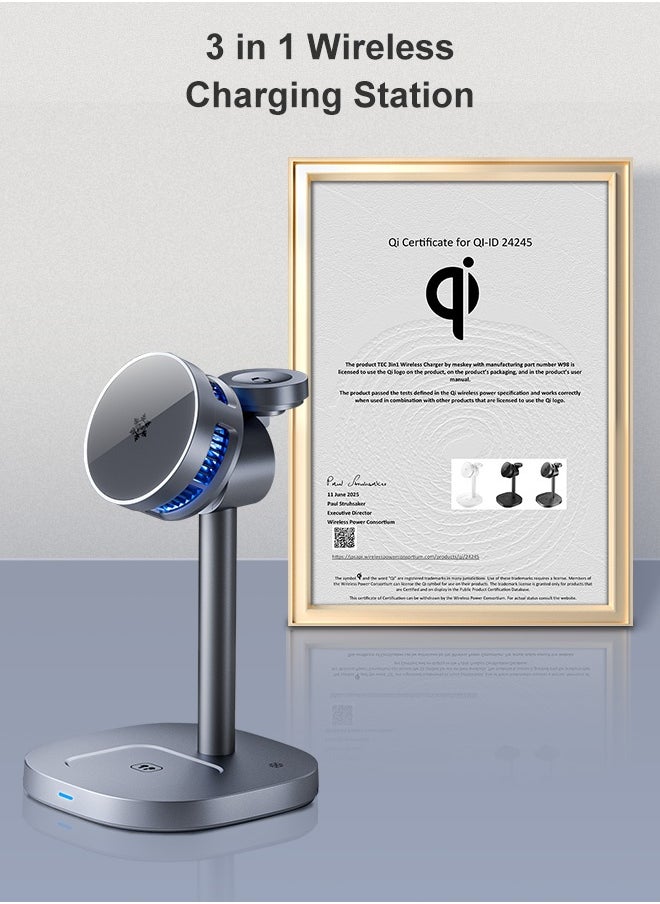 Qi2 3-in-1 Magnetic Wireless Charging Station for iPhone 16/15/14/13/12, AirPods, Apple Watch – 15W Max Fast Charging Pad with Advanced TEC Cooling, 360° Adjustable Stand, Multi-Device Charger, MFM&Qi2 Certified, 6-Layer Safety Protection