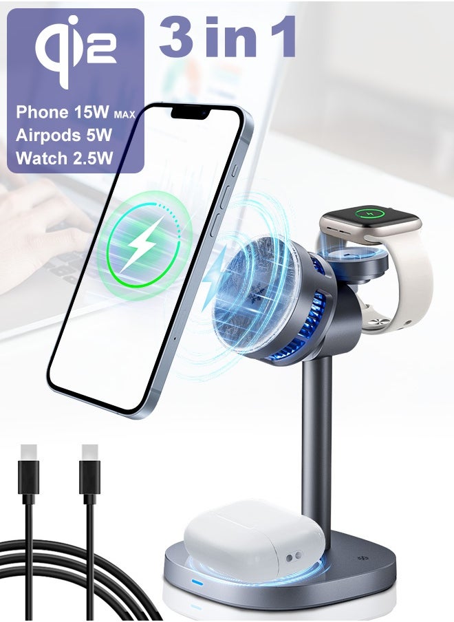 Qi2 3-in-1 Magnetic Wireless Charging Station for iPhone 16/15/14/13/12, AirPods, Apple Watch – 15W Max Fast Charging Pad with Advanced TEC Cooling, 360° Adjustable Stand, Multi-Device Charger, MFM&Qi2 Certified, 6-Layer Safety Protection