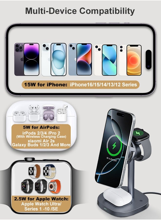 Qi2 3-in-1 Magnetic Wireless Charging Station for iPhone 16/15/14/13/12, AirPods, Apple Watch – 15W Max Fast Charging Pad with Advanced TEC Cooling, 360° Adjustable Stand, Multi-Device Charger, MFM&Qi2 Certified, 6-Layer Safety Protection