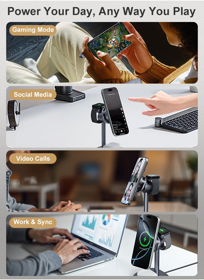 Qi2 3-in-1 Magnetic Wireless Charging Station for iPhone 16/15/14/13/12, AirPods, Apple Watch – 15W Max Fast Charging Pad with Advanced TEC Cooling, 360° Adjustable Stand, Multi-Device Charger, MFM&Qi2 Certified, 6-Layer Safety Protection