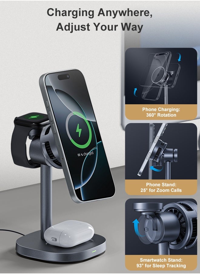 Qi2 3-in-1 Magnetic Wireless Charging Station for iPhone 16/15/14/13/12, AirPods, Apple Watch – 15W Max Fast Charging Pad with Advanced TEC Cooling, 360° Adjustable Stand, Multi-Device Charger, MFM&Qi2 Certified, 6-Layer Safety Protection