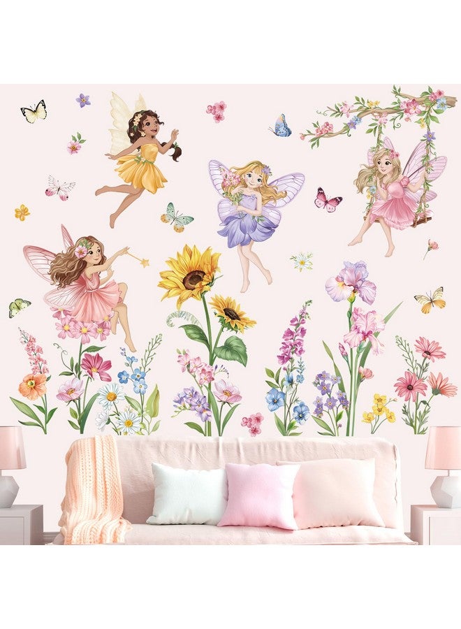 wondever Fairy Flower Wall Stickers Elves Wildflower Sunflower Peel and Stick Wall Art Decals for Girls Bedroom Kids Room Baby Nursery - Image 1