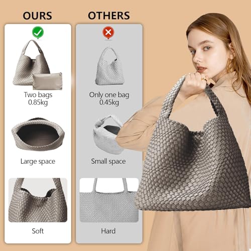 Baonat Woven Bag Vegan Leather Hobo handbags for Women, Top-handle Shoulder Tote Braided Bag Underarm Purse (Sliver Gray-A) - Image 3