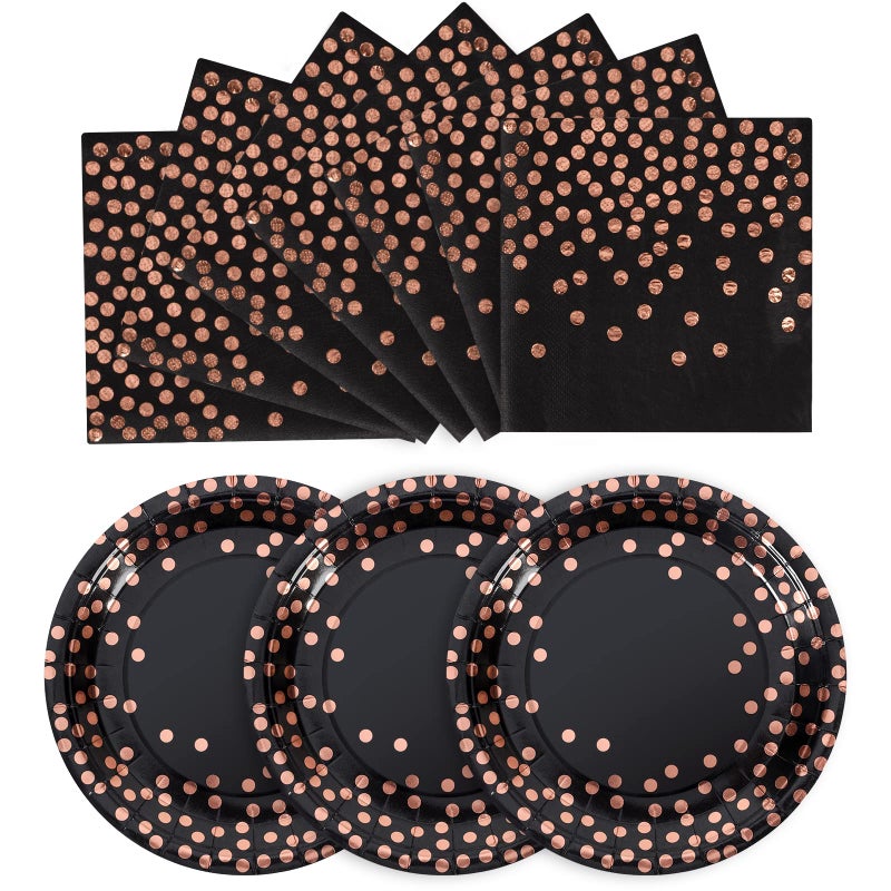CENLBJ Disposable Paper Plates 100 Pack Black and Rose Gold Paper Plates 50 x 7 50 x 65 Napkins Black Plate and Napkins Party Supplies for Graduation Retirement All Occasions - Image 2