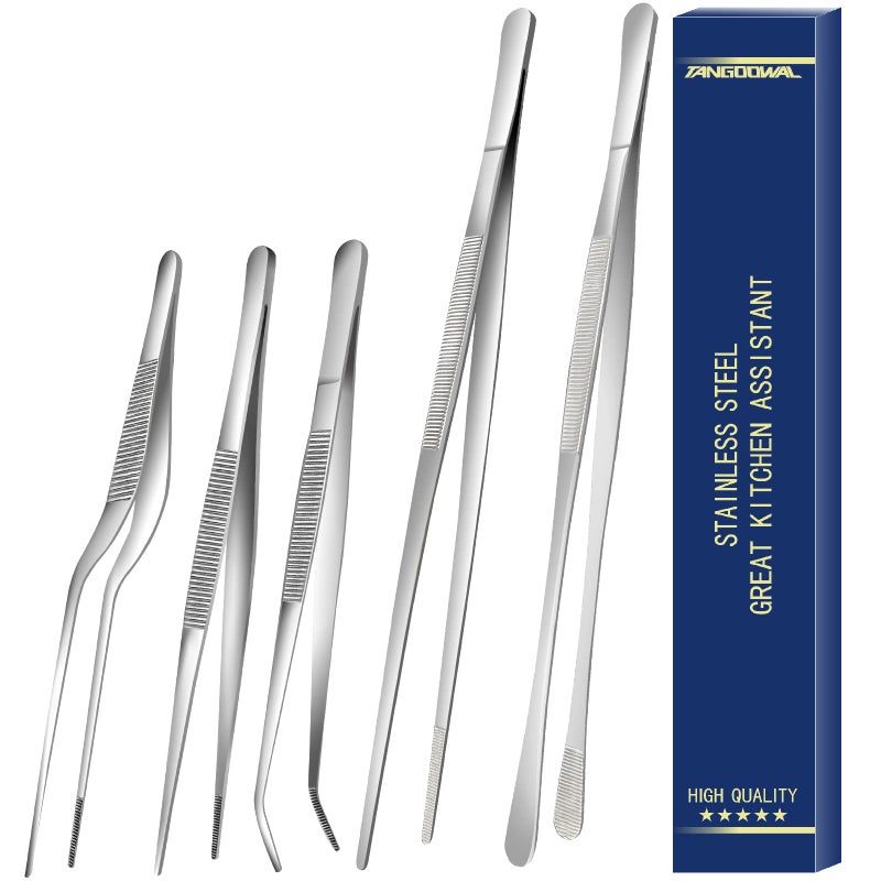 Tangoowal 5 Pcs Kitchen Fine Tweezers Tongs, Stainless Steel Food Tongs Set, Professional Kitchen Long Tongs for Cooking,Repairing,Sea food,BBQ,Multi-use(12"and 6.3") - Image 1