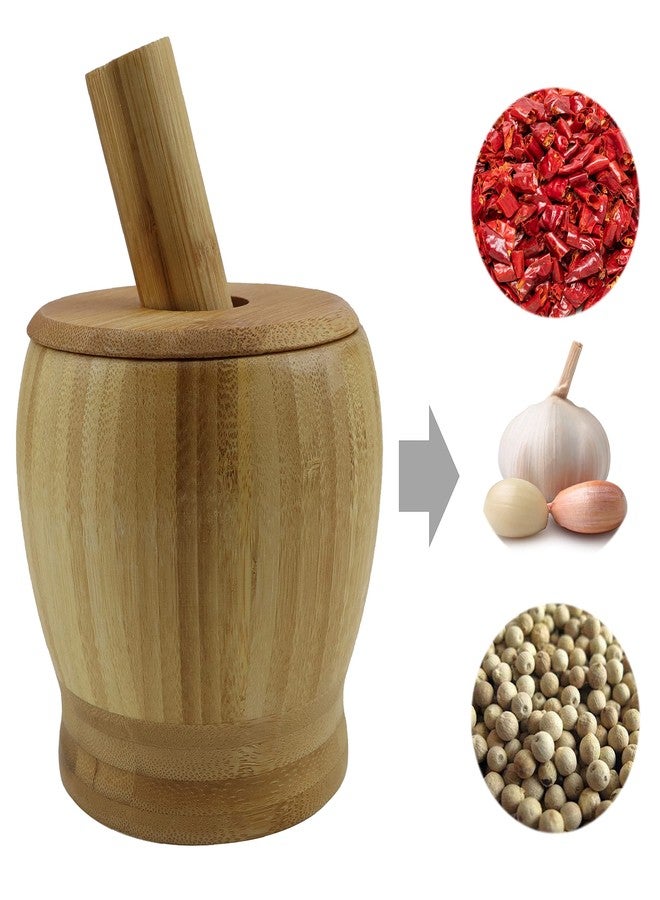EIKS Bamboo Mortar & Pestle with Lid for Grinding Garlic Spices Herb Ginger Peppercorns Kitchen Tool - Image 2
