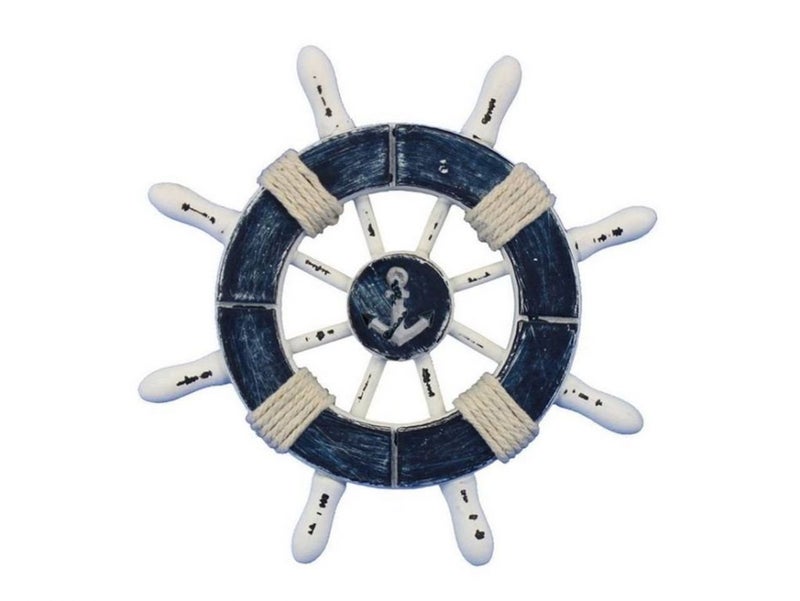 Hampton Nautical Rustic and White Decorative Ship Wheel with Anchor 6 Dark Blue