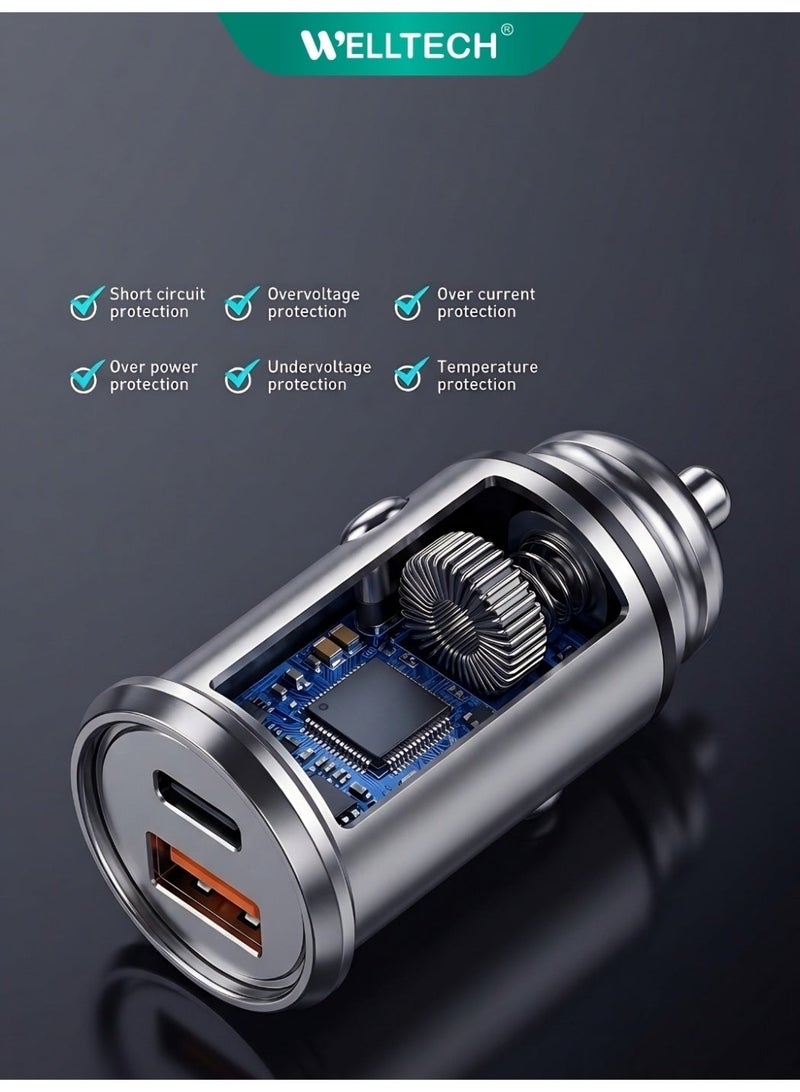 WELLTECH 45W Fast Car Charger, Dual Port PD USB-C + QC4, Made of Metal and Zinc, Fast Charging Adapter for iPhone, Samsung, and Android Devices – WELLTECH CAR99 - Image 3