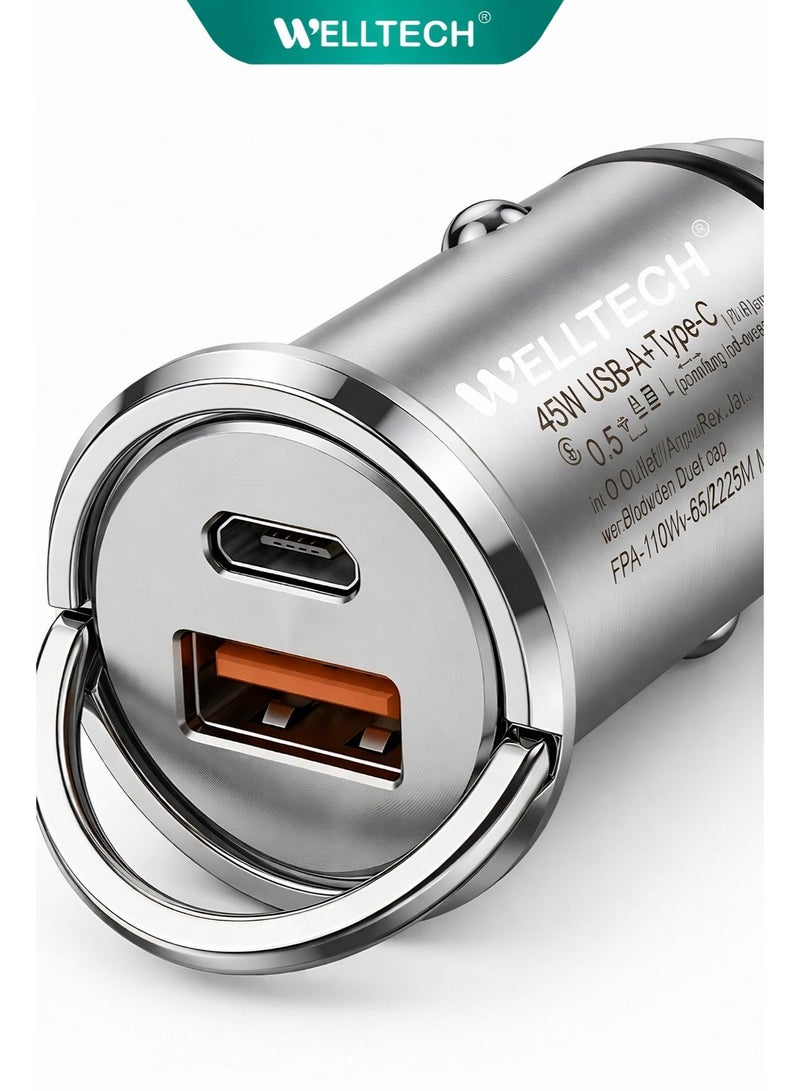 WELLTECH 45W Fast Car Charger, Dual Port PD USB-C + QC4, Made of Metal and Zinc, Fast Charging Adapter for iPhone, Samsung, and Android Devices – WELLTECH CAR99 - Image 1