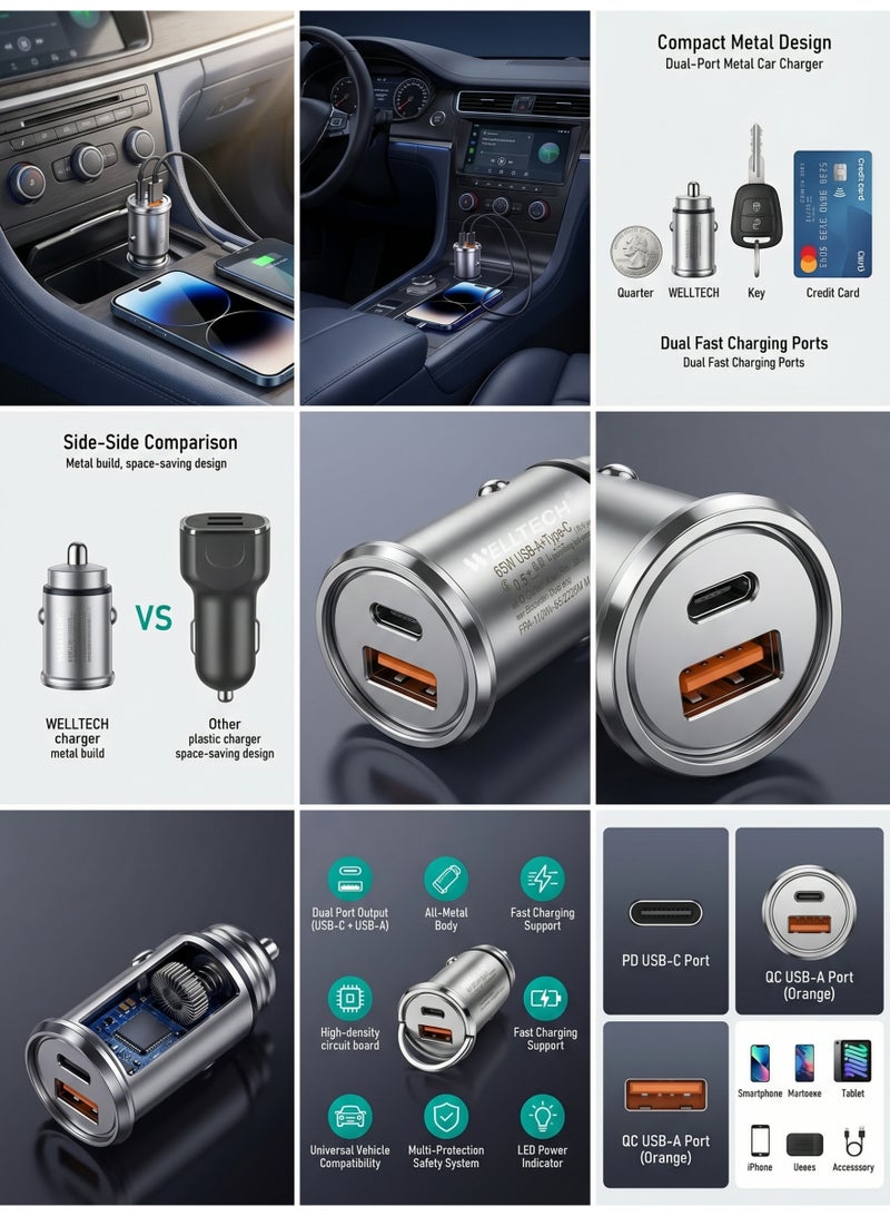 WELLTECH 45W Fast Car Charger, Dual Port PD USB-C + QC4, Made of Metal and Zinc, Fast Charging Adapter for iPhone, Samsung, and Android Devices – WELLTECH CAR99 - Image 5