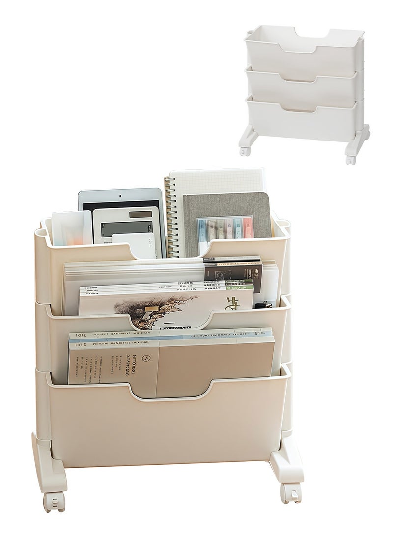 Kidle 3 Tier Slim Rolling Utility Cart with Wheels, Movable Unique Bookcase with 3 Drawers, Standing Study Table, Organizer, Storage Rack for Kids, Students, Studying in Bedroom, Living Room - Image 1