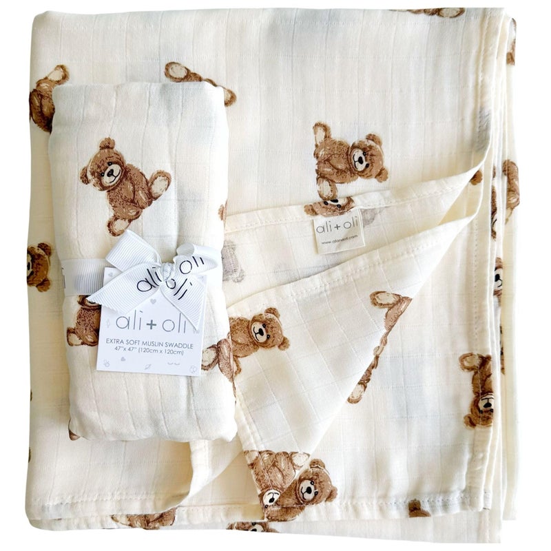 Ali+Oli Muslin Swaddle Blanket for Baby (Teddy Bear) Large 47" x 47" Soft Rayon Made from Bamboo & Organic Cotton, Machine Washable Receiving Blanket Wrap for Newborn to Toddler - Image 1