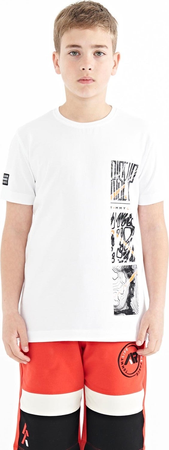 Tommy Life White Print Detailed O Neck Standard Pattern Boy T-Shirt - 11104 - Image 1