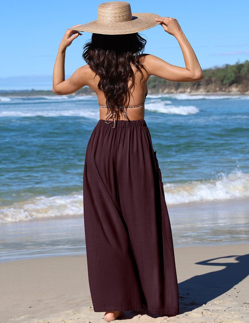 TARSE Women Linen Palazzo Pants Summer Boho Wide Leg High Waist Casual Lounge Pant 2025 Beach Travel Vacation Outfits Burgundy, L - Image 4