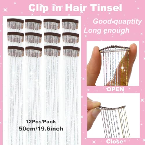 Ainitops Hair Tinsel Pack of 12 Pcs Clip in Hair Tinsel 19.6Inch Glitter Tinsel Hair Extensions Shiny Sparkly Fairy Hair Tinsel Kit Dazzle Hair Accessories for Women Girls Kids (Silver) - Image 2