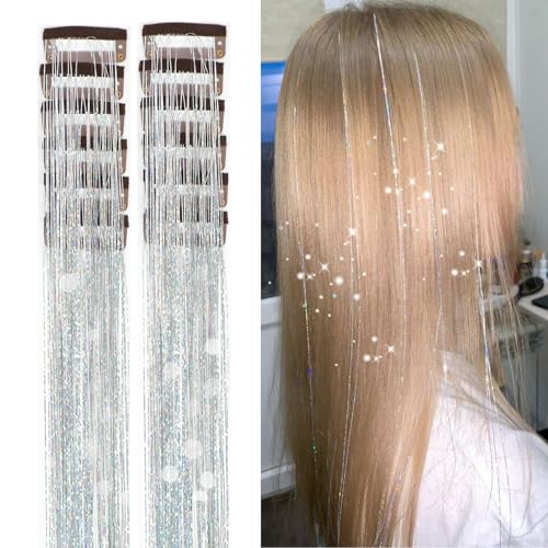 Ainitops Hair Tinsel Pack of 12 Pcs Clip in Hair Tinsel 19.6Inch Glitter Tinsel Hair Extensions Shiny Sparkly Fairy Hair Tinsel Kit Dazzle Hair Accessories for Women Girls Kids (Silver) - Image 1
