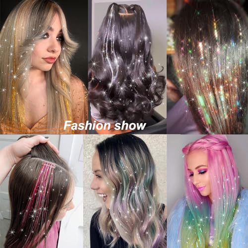 Ainitops Hair Tinsel Pack of 12 Pcs Clip in Hair Tinsel 19.6Inch Glitter Tinsel Hair Extensions Shiny Sparkly Fairy Hair Tinsel Kit Dazzle Hair Accessories for Women Girls Kids (Silver) - Image 4