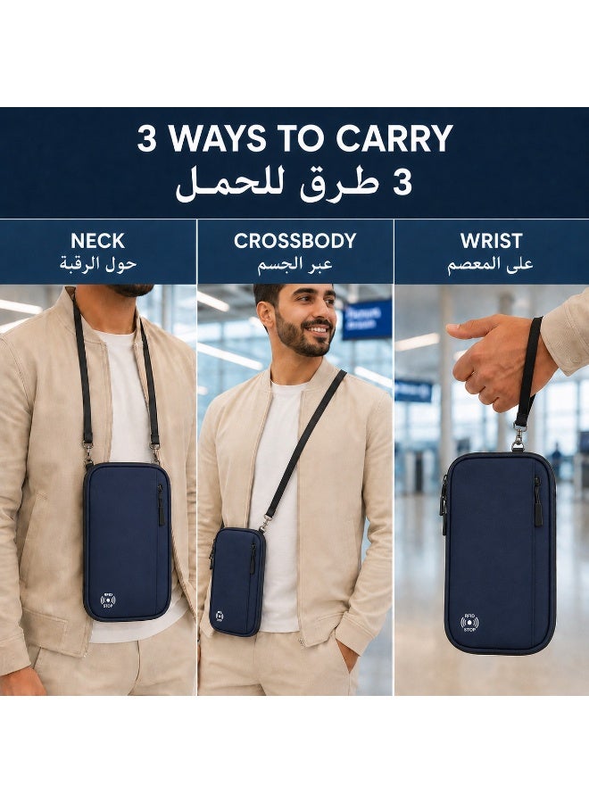 عِيشَالِي محفظة جواز سفر مع حماية RFID وتصميم متعدد الأقسام وخيارات حمل حول الرقبة وكروس وعلى المعصم، أزرق - Image 4