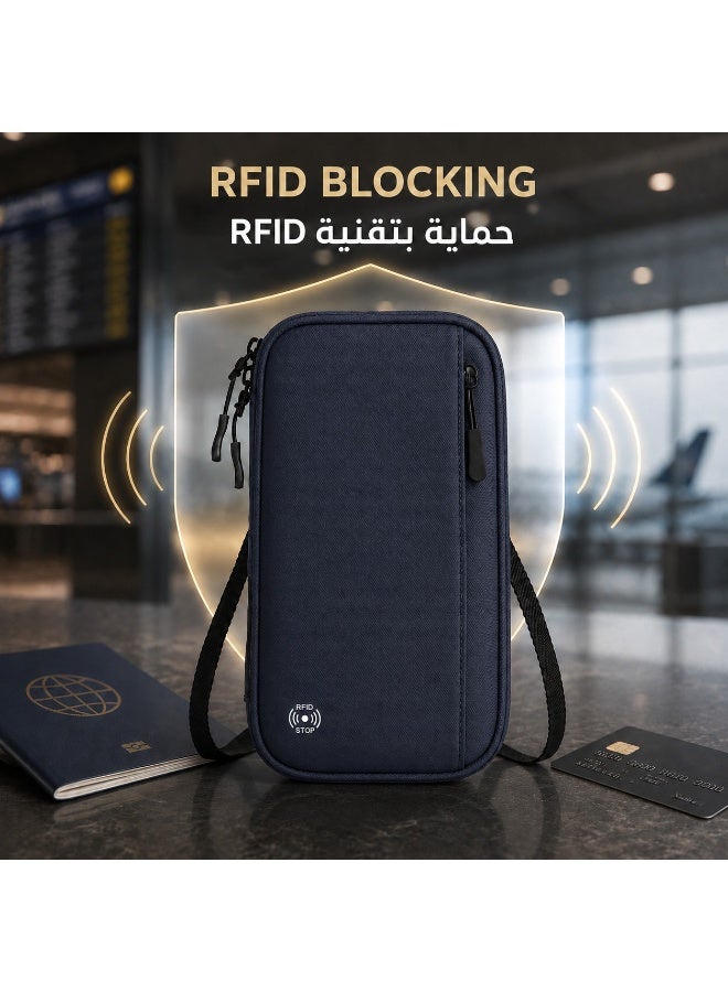 عِيشَالِي محفظة جواز سفر مع حماية RFID وتصميم متعدد الأقسام وخيارات حمل حول الرقبة وكروس وعلى المعصم، أزرق - Image 2