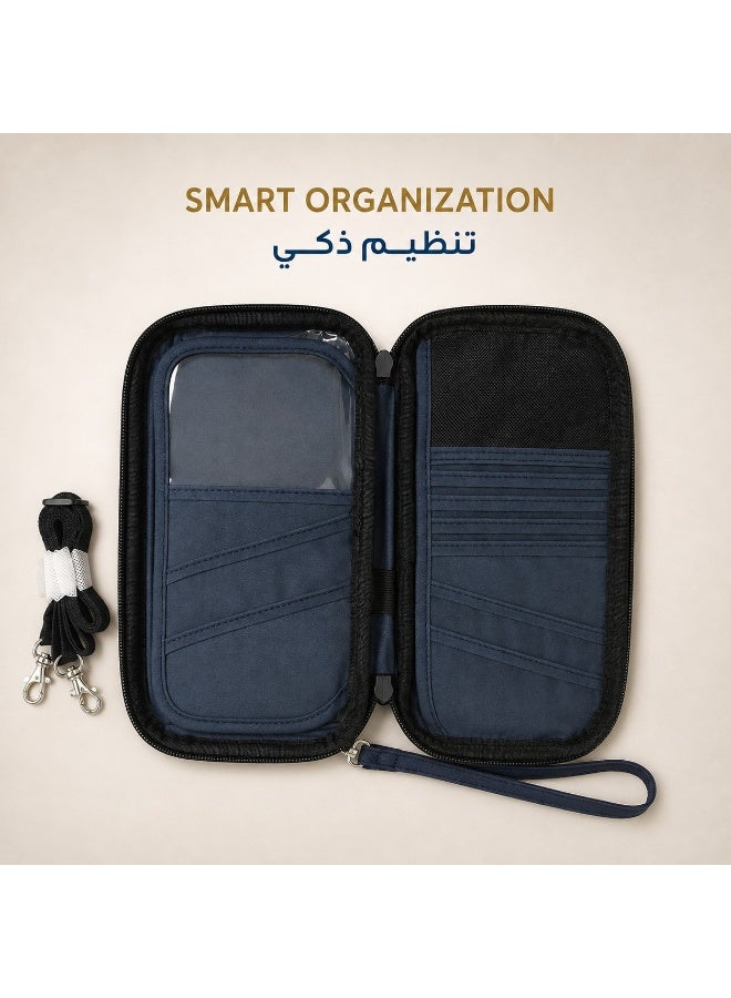 عِيشَالِي محفظة جواز سفر مع حماية RFID وتصميم متعدد الأقسام وخيارات حمل حول الرقبة وكروس وعلى المعصم، أزرق - Image 3