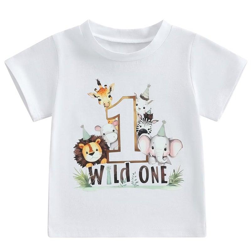 Pudcoco Infant Baby Boys Girls First Birthday Outfit 1st Birthday T-Shirt Wild One Safari Zoo Jungle Animals Shirt (White Brown, 12-18 Months) - Image 1