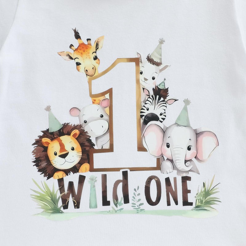 Pudcoco Infant Baby Boys Girls First Birthday Outfit 1st Birthday T-Shirt Wild One Safari Zoo Jungle Animals Shirt (White Brown, 12-18 Months) - Image 3