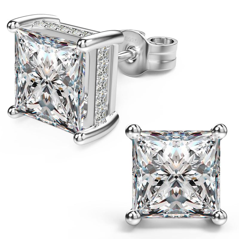 NEOSHOW 18K White Gold Plated Sterling Silver Princess Cut Cubic Zirconia Stud Earrings Square Simulated Diamond CZ Stud Earrings for Women Men Hypoallergenic (8MM, White Gold) - Image 1