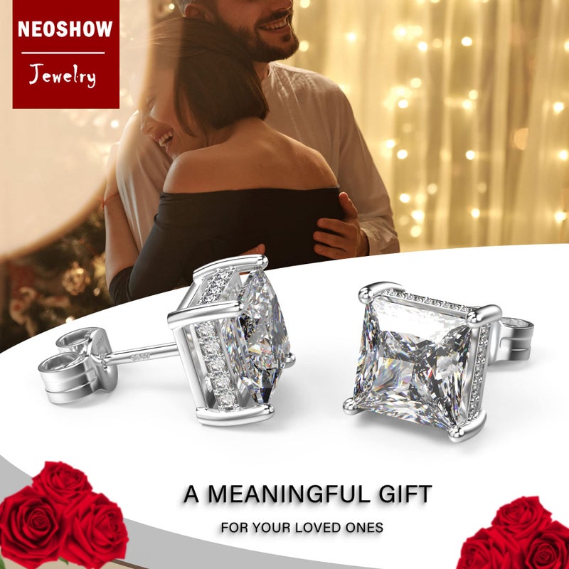 NEOSHOW 18K White Gold Plated Sterling Silver Princess Cut Cubic Zirconia Stud Earrings Square Simulated Diamond CZ Stud Earrings for Women Men Hypoallergenic (8MM, White Gold) - Image 5