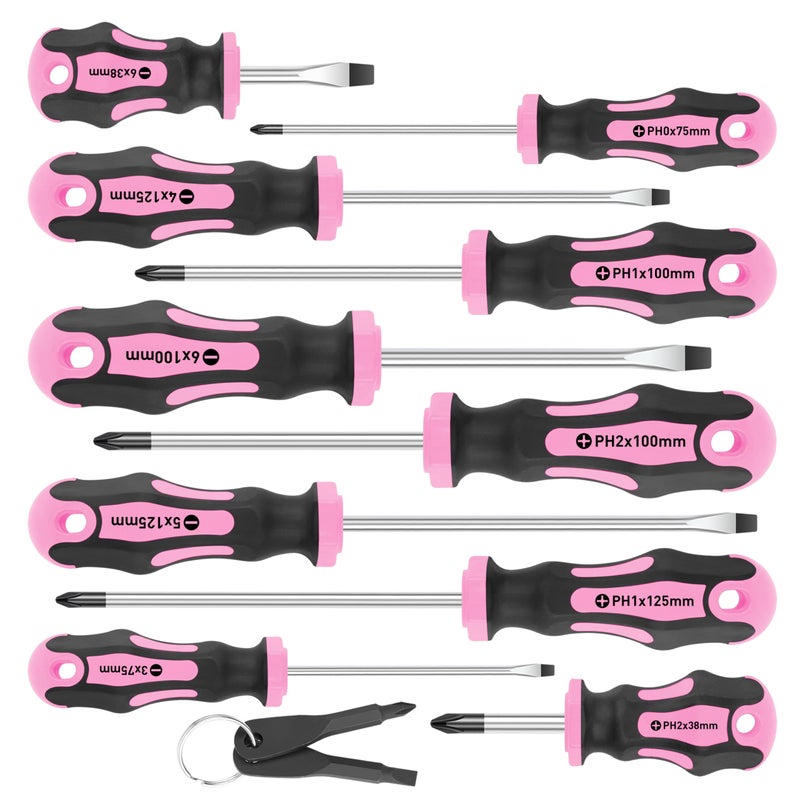 Amartisan 10Piece Magnetic Screwdrivers Set 5 Phillips and 5 Slotted Tips Professional Cushion Grip Screwdriver Set 2pcs Portable Multifunction Key Mini Screwdriver Pink