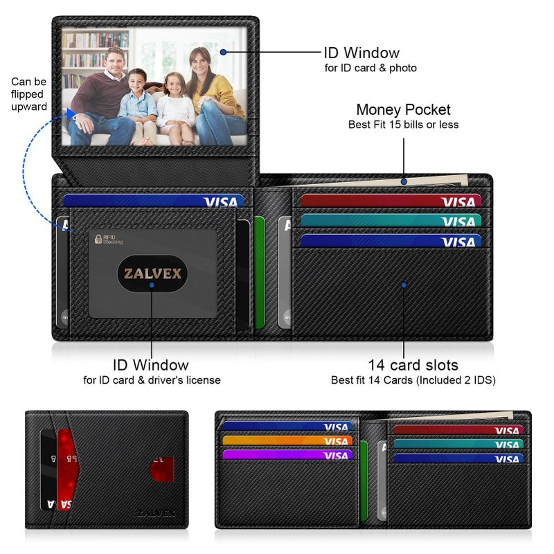 ZALVEX Wallet for Men Slim RFID Blocking Leather Credit Card Holder Wallet for 14 Cards, Bifold Minimalist Thin Wallet with 2 ID Windows & Cash Slot, Front Pockt Carteras Para Hombres, Birthday Gifts for Men - Image 2
