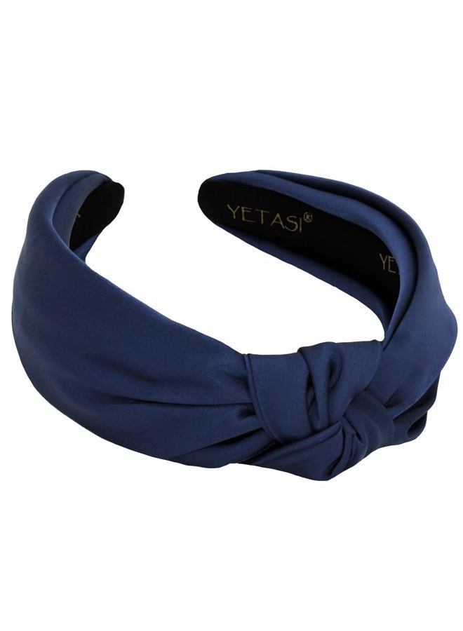 YETASI Headbands for Women Navy Blue Satin Unique Knotted Headband, Silk Quality Fabric, Non-Slip & Adjustable. Top Knot Head band Fashion Designer - Image 1