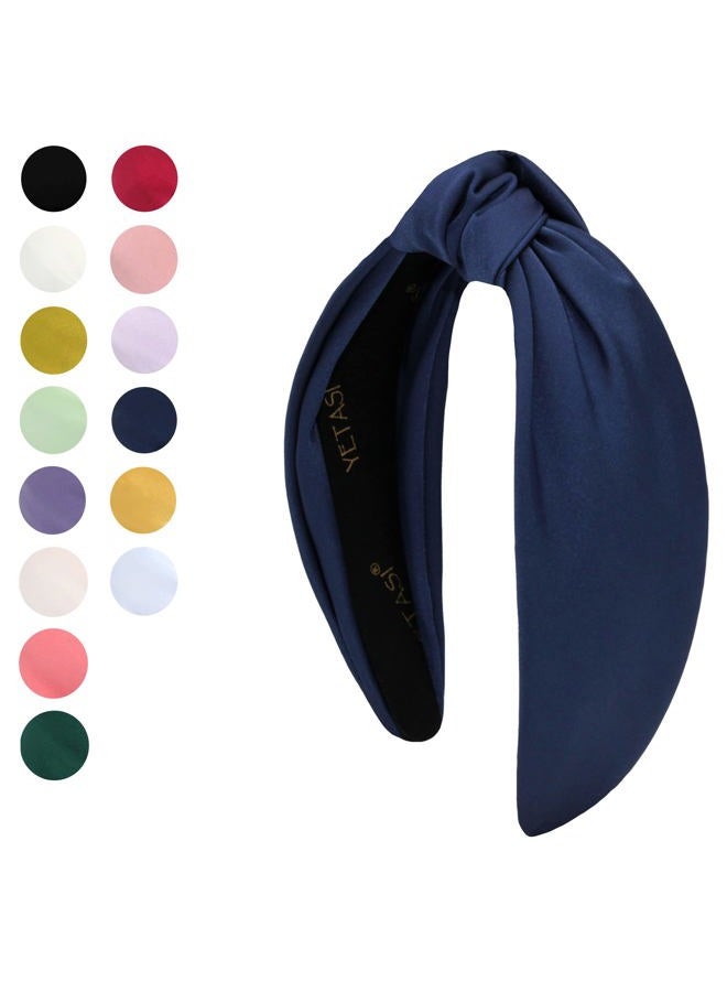 YETASI Headbands for Women Navy Blue Satin Unique Knotted Headband, Silk Quality Fabric, Non-Slip & Adjustable. Top Knot Head band Fashion Designer - Image 2