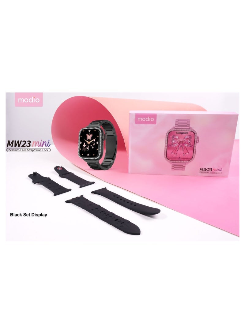 Modio MW23 Mini 36mm Smart Watch for Women with 3 Stylish Straps, Heart Rate and Sleep Monitor, Full Touchscreen, Fitness Tracker, Bluetooth Notifications, Lightweight Compact Design for Small Wrists, Waterproof, Elegant Black Color with Charging Cable - Image 2