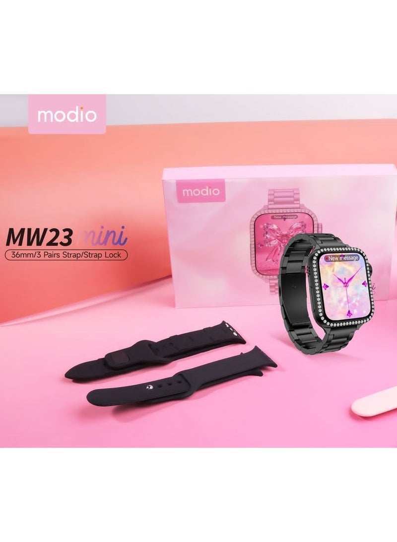 Modio MW23 Mini 36mm Smart Watch for Women with 3 Stylish Straps, Heart Rate and Sleep Monitor, Full Touchscreen, Fitness Tracker, Bluetooth Notifications, Lightweight Compact Design for Small Wrists, Waterproof, Elegant Black Color with Charging Cable - Image 4