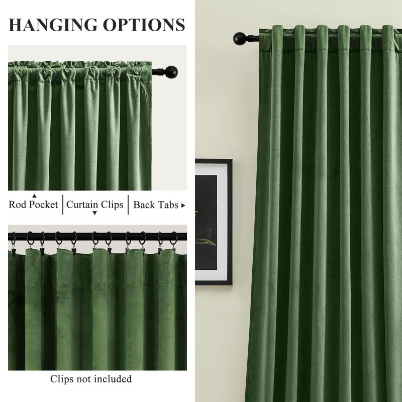AUSSPVOCT Olive Green Velvet Curtains 90 Inches Long, Room Darkening Thermal Insulated Drapes for Bedroom Living Room, Back Tab & Rod Pocket Soft Luxury Sound Reducing Curtains, 52 x 90, 2 Panels - Image 3