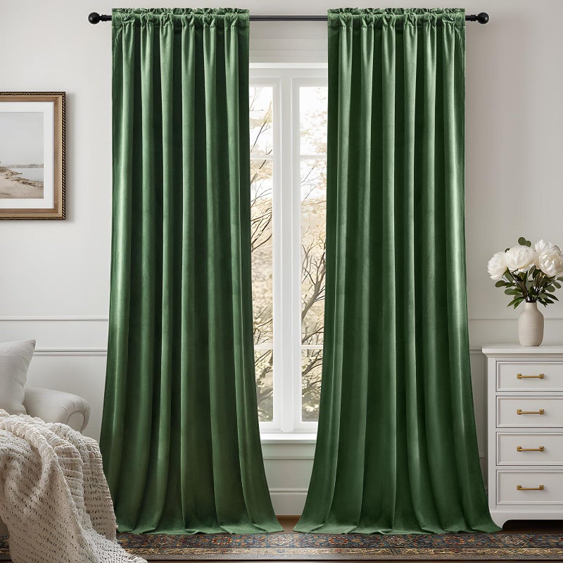 AUSSPVOCT Olive Green Velvet Curtains 90 Inches Long, Room Darkening Thermal Insulated Drapes for Bedroom Living Room, Back Tab & Rod Pocket Soft Luxury Sound Reducing Curtains, 52 x 90, 2 Panels - Image 1